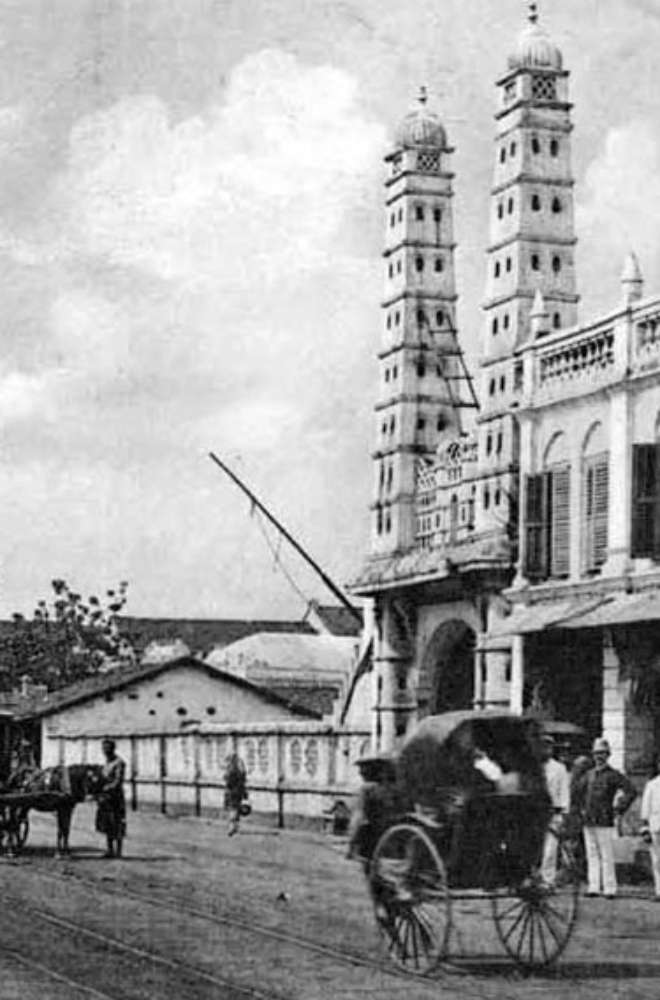 1860 engraving of Masjid Jamae Chulia and Sri Mariamman Temple